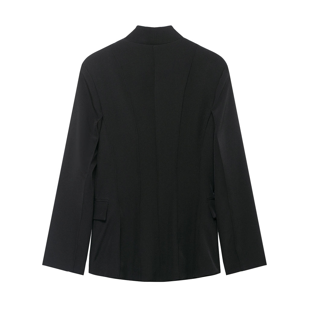 Women's With Pockets Black Blazer Vintage Long Sleeves V-Neck Female Office Lady Outfits