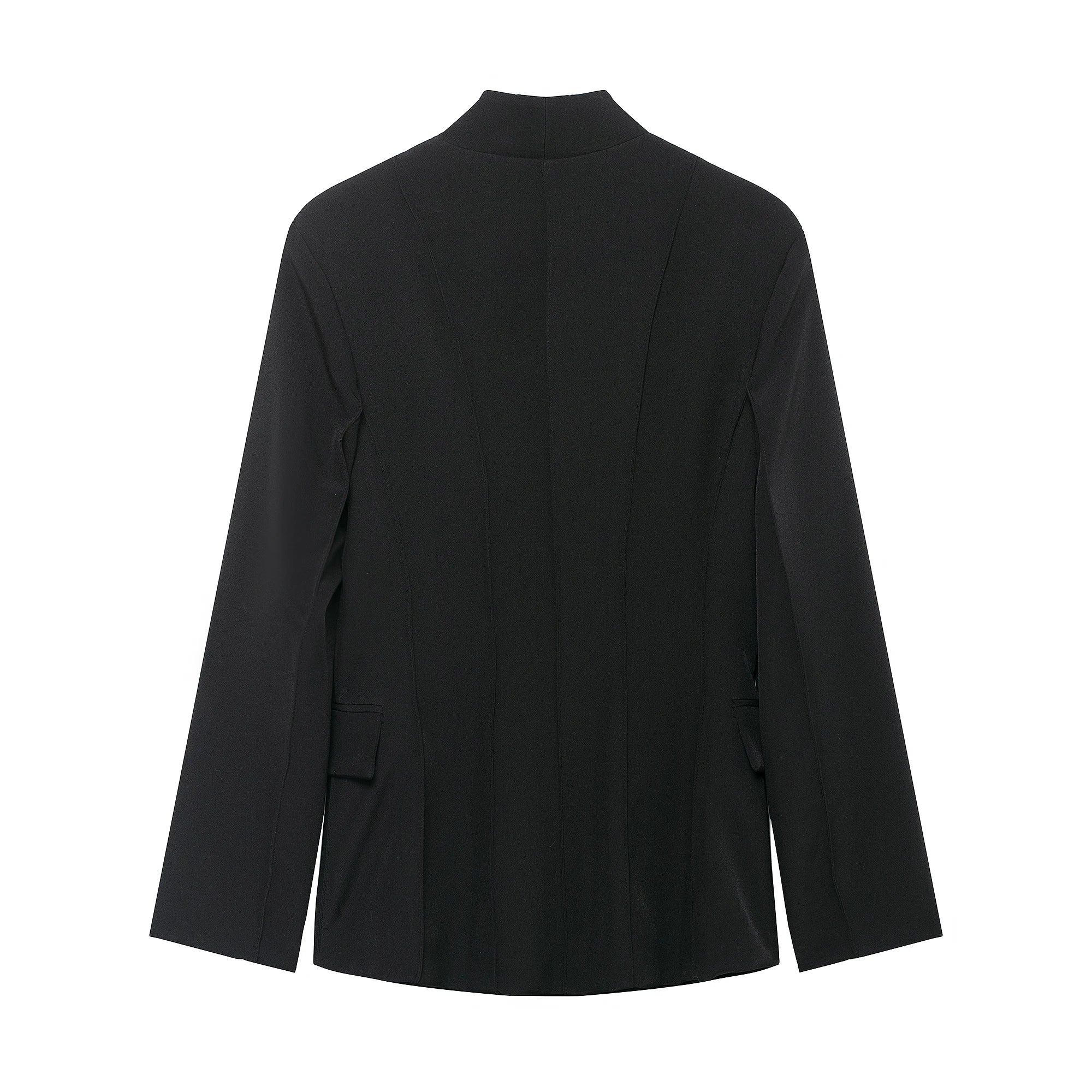 Women's With Pockets Black Blazer Vintage Long Sleeves V-Neck Female Office Lady Outfits