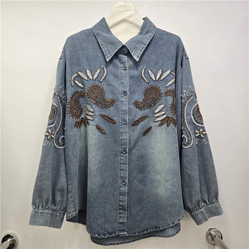 2026 Early Spring New Style Heavy Beaded Embroidery Denim Shirt For Women Loose Versatile Jacket Female Trendy 11A08742