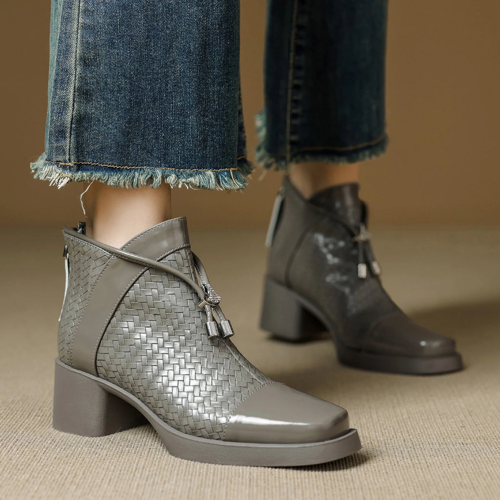 Handmade Genuine Leather Retro Mid Heeled Short Boots Autumn New Square Toe Lace Up Women's Shoes 33-40