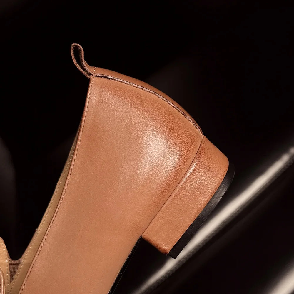 Women's Handmade Genuine Leather Soft and comfortable Shoes Chunky Mid Heel Large Retro Single Shoes 34-40