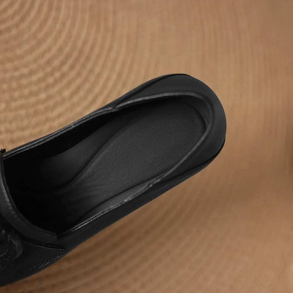 Women Handmade Genuine Leather Retro Slip On Med Heels Shoes Elegant Chunky Heels Single Shoes 34-40