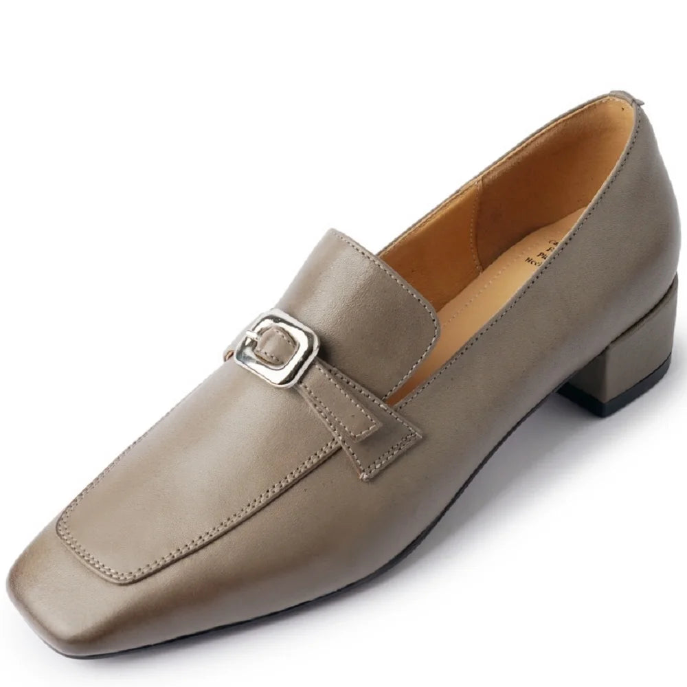 Women Cow Leather Waxing Square Toe Metal Buckle Strap Mid Hells Business Suit Ladies Shoes Handmade 34-40