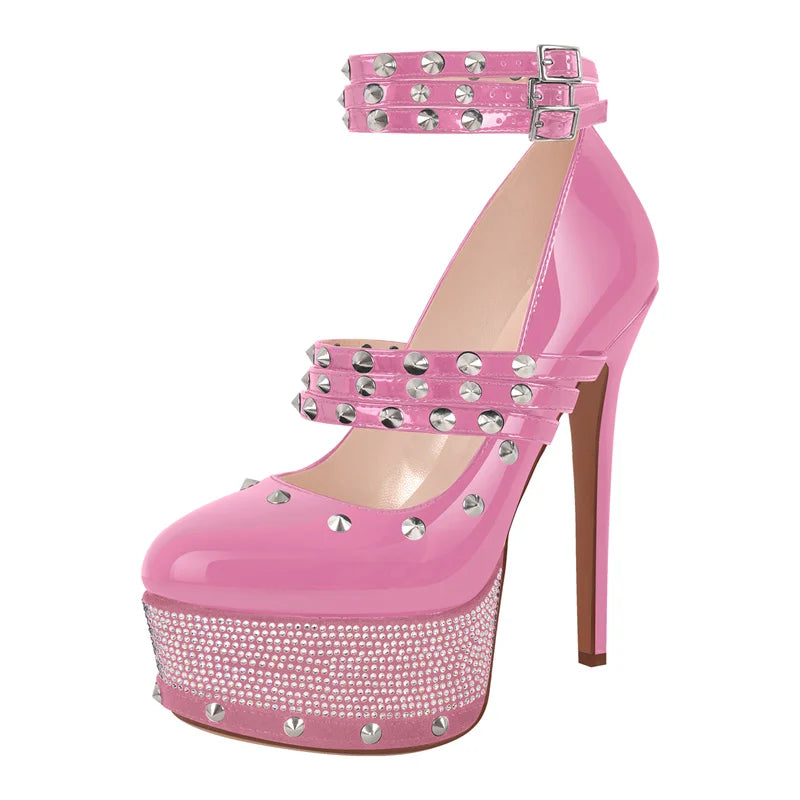 Women Rivet Platform Patent Leather Rhinestone Pumps High Heeled Big Size Ankle Straps Women Stiletto Pumps