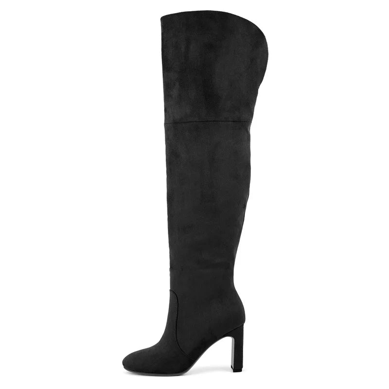 Onlymaker Women Side Zipper Flock Chunky Block Heel Over knee Boots Thigh High Sexy Boots