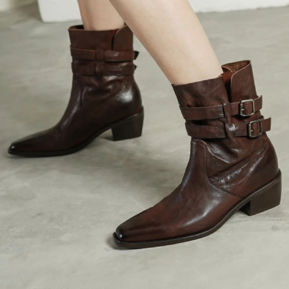 New Women Handmade Genuine Leather Soft and comfortable Ankle Boots Sexy Square Toe Mid Heels Casual 34-40