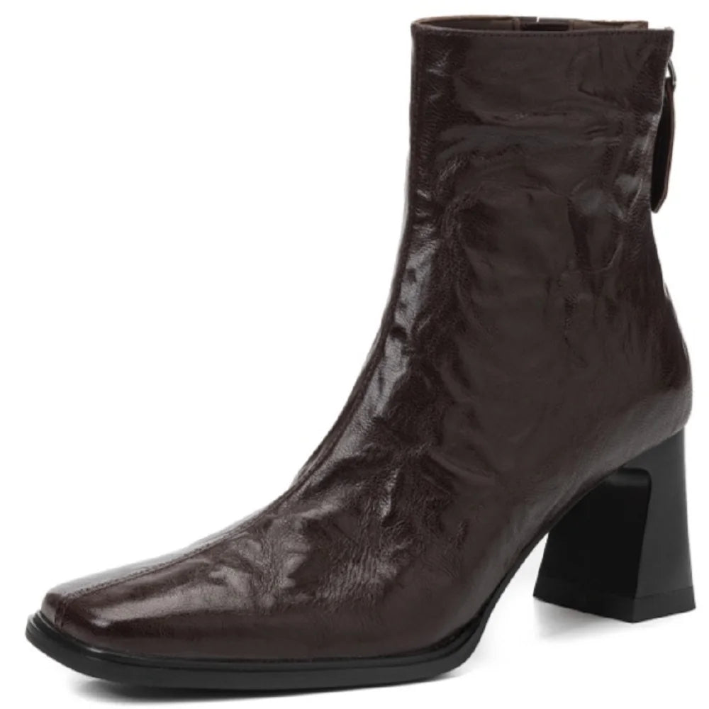 Women's genuine leather square toe back zip ankle boots elegant ladies thick high heel daily dress slim 33-40
