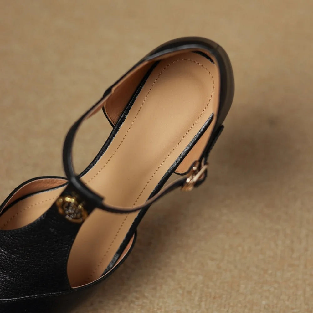 Handmade Genuine Leather Retro Sle with Buckle Design Hollow out Tea Flower Pattern Mid Heel Single Shoes 34-40