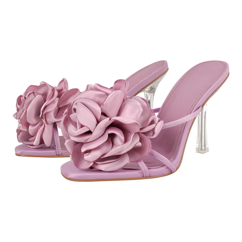 Women Open Toe Flower Mulesl Heels for Woman Slip On 10CM Metal Heel Sandals