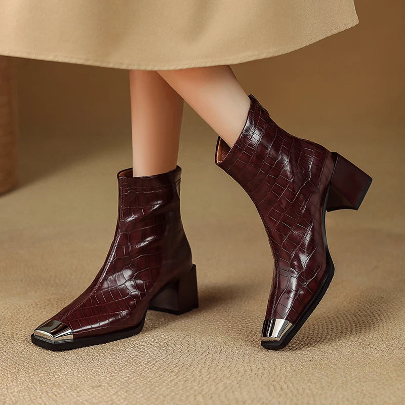 Women's Handmade Genuine Leather Soft and comfortable Mid Heel Ankle Boot Thi Heel ort Inner Fce Layered 33-40