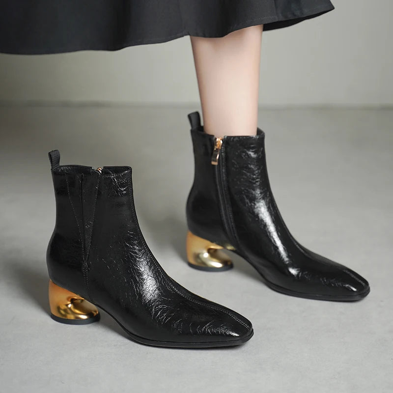 Autumn/Winter New Handmade Genuine Leather Mid Heels Women's Short Boots Square Head Side Zipper Ankle Boots