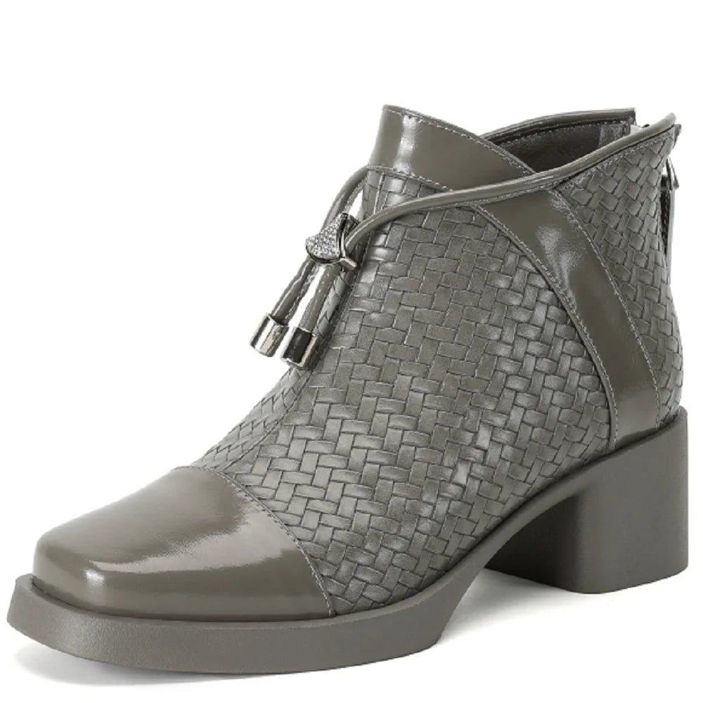 Handmade Genuine Leather Retro Mid Heeled Short Boots Autumn New Square Toe Lace Up Women's Shoes 33-40
