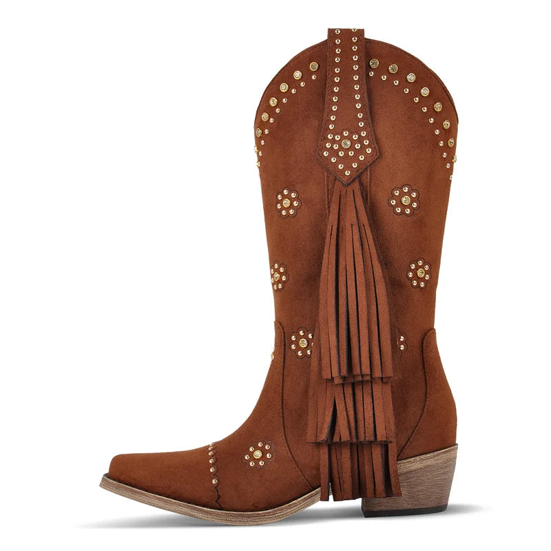 Onlymaker Women Pointed Toe Fringe Pull On Retro Western Cowgirl Boots Fringed Chunky Heel Cowboy Boots