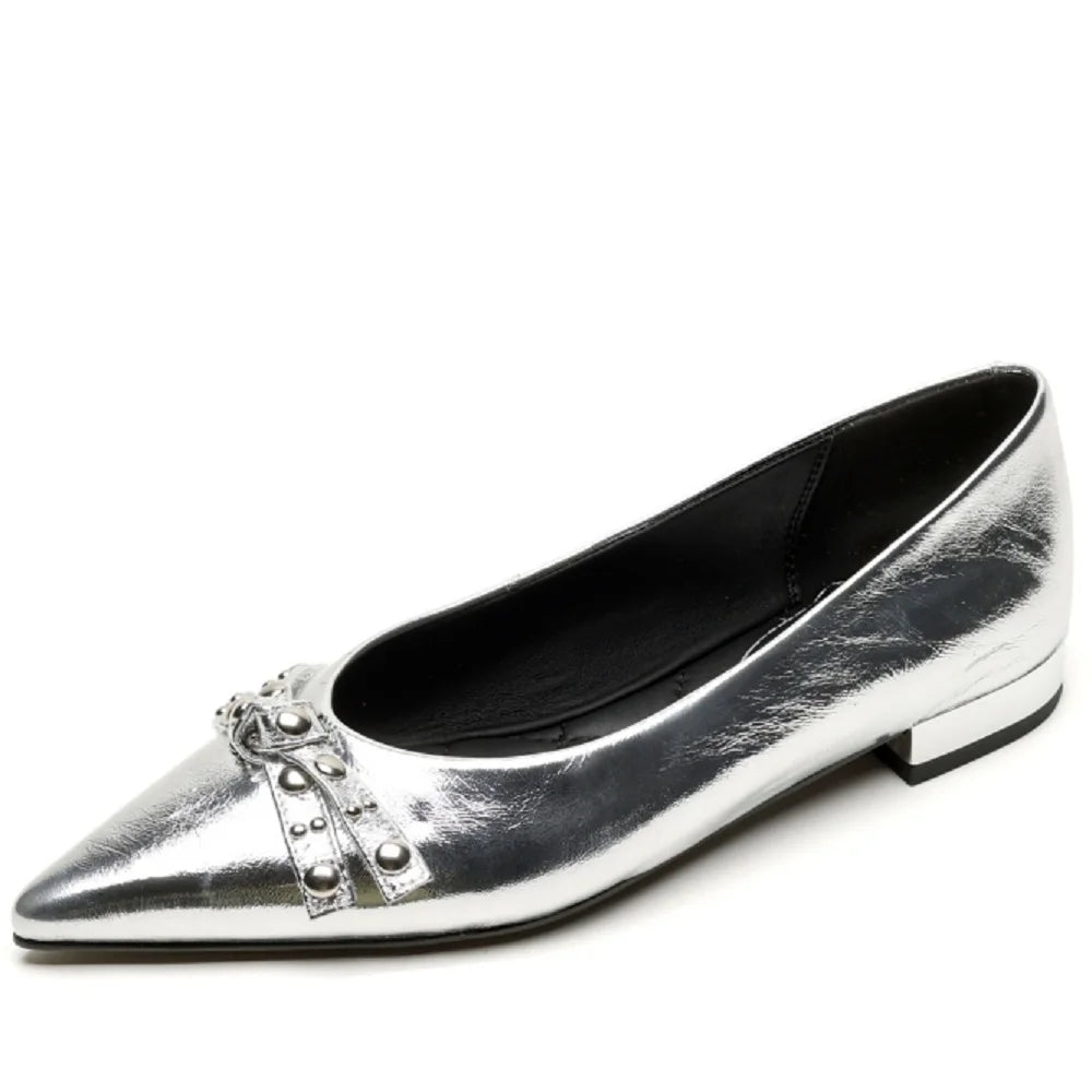 Handmade Genuine Leather Pointed Toe Low Heels Street Wear Slip On Butterfly-knot Decoration Sweet Girl 34-40