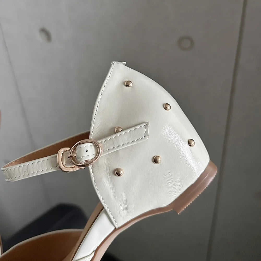 Women Handmade Genuine Leather Soft and comfortable Pointed Toe Strange Heel Rivet Shallow Buckle Strap Shoes