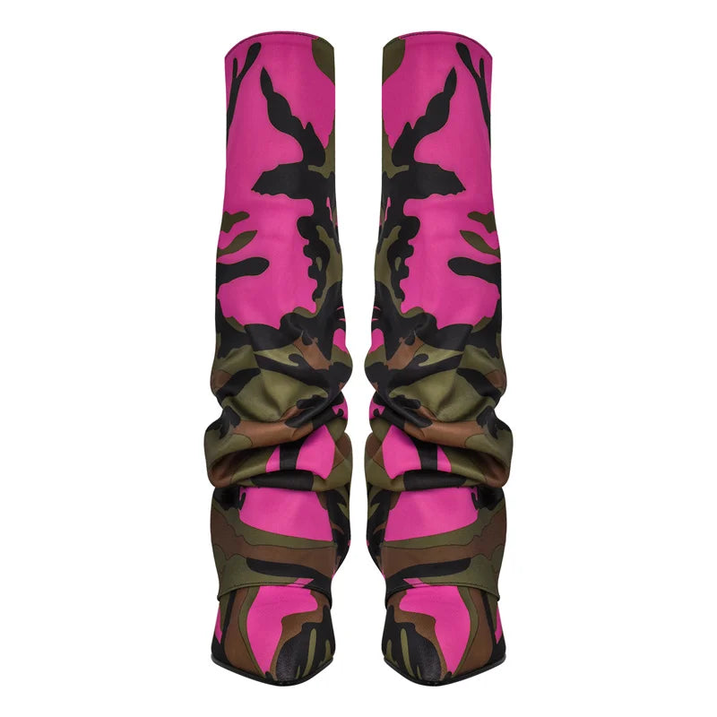 Onlymaker Woman Pointed Toe Knee Wedge High Heel Pleated  Fashion Big Size Camouflage Winter Boots
