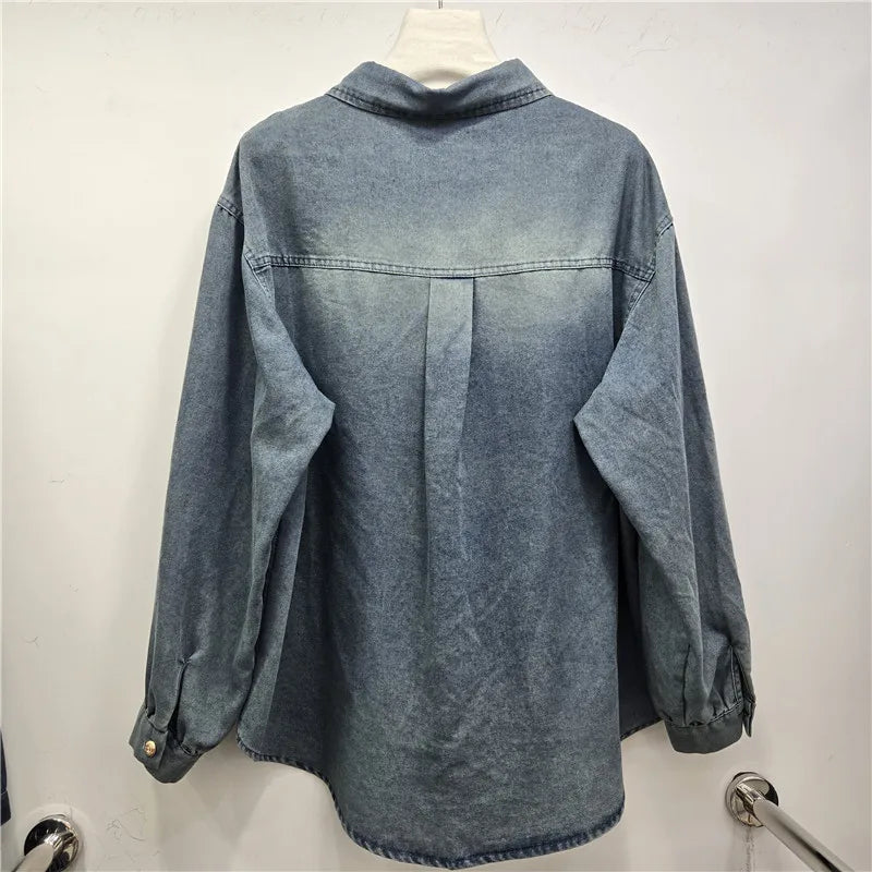 2026 Early Spring New Floral Embroidery Beaded Denim Shirt For Woomen Loose Turn-Down Collar Cardigan Female 11A08741