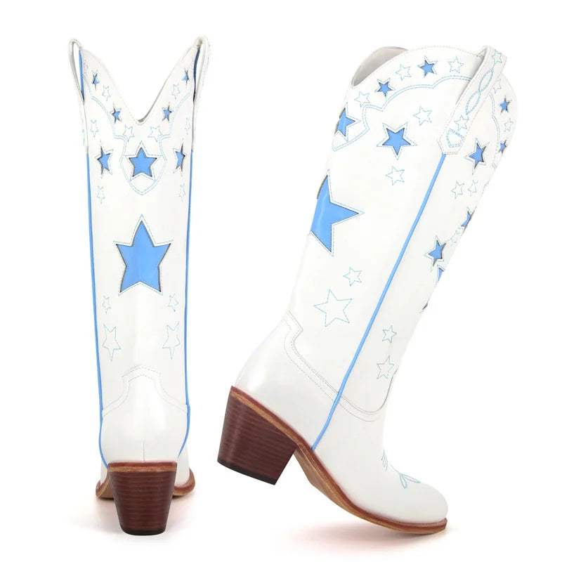 Onlymaker Women Pull-on Knee High Western Cowgirl Boots  Big Size Comfy Women White Stars Cowboy Boots