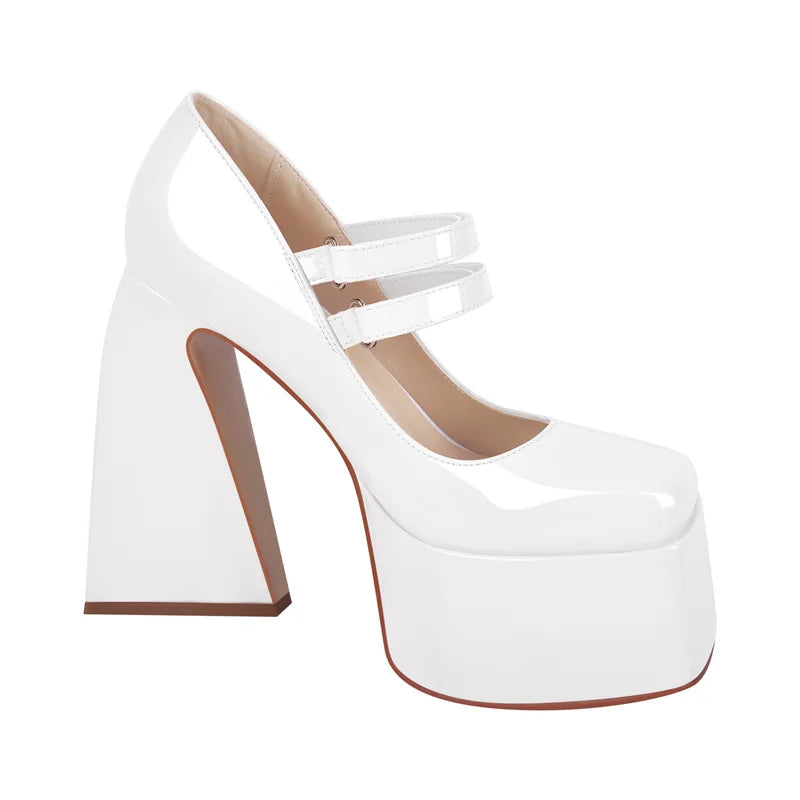 Women Pumps Mary-Jane Platform Black Patent Leather Chunky High Heels Ankle Strap Dress Party Plus Size Punk Shoes