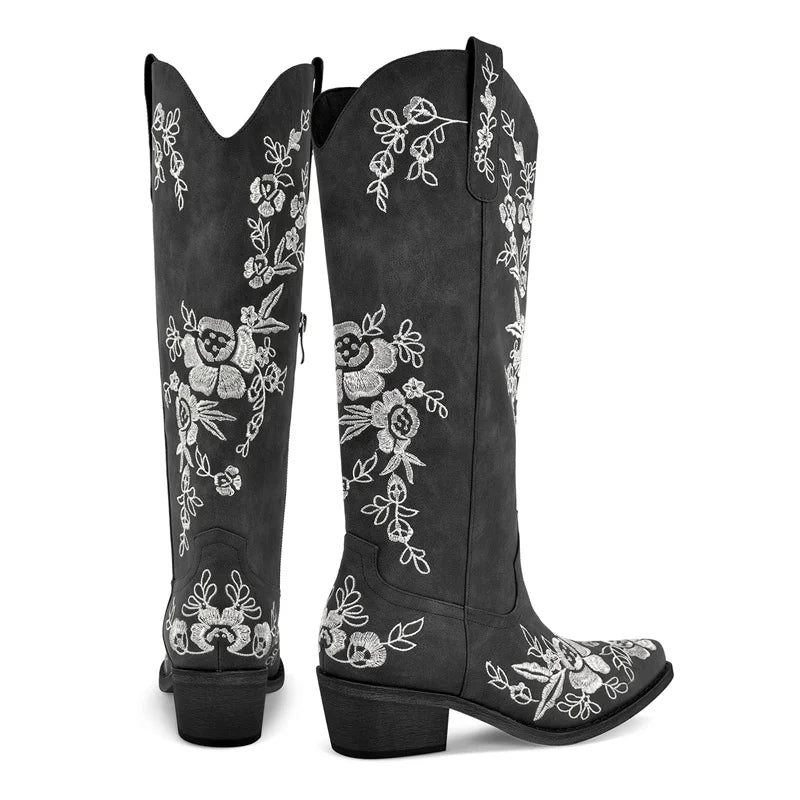 Onlymaker Women Pointed Toe Pull-on Knee High Cowgirl Boots Comfy Pull On Wide Calf Chunky Heel Retro Classic Western Boots