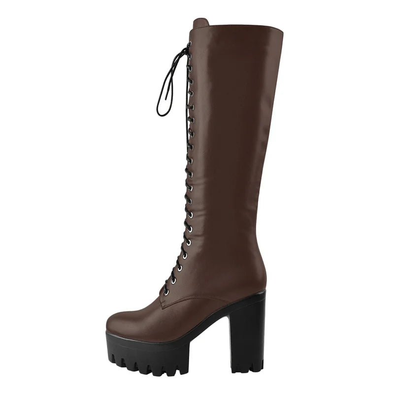 Onlymaker Women  Platform Black Matte Front Lace-Up Side Zip Knee High Boots Big Size Lady Fashion Classic Long Boots