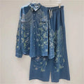 2026 Autumn New Heavy Industry Women's Two-pieces Set Diamond Design Denim Shirt Cardigan Loose Straight Casual Pants