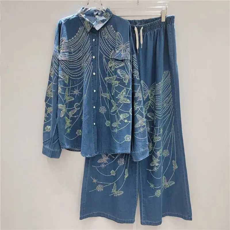 2026 Autumn New Heavy Industry Women's Two-pieces Set Diamond Design Denim Shirt Cardigan Loose Straight Casual Pants