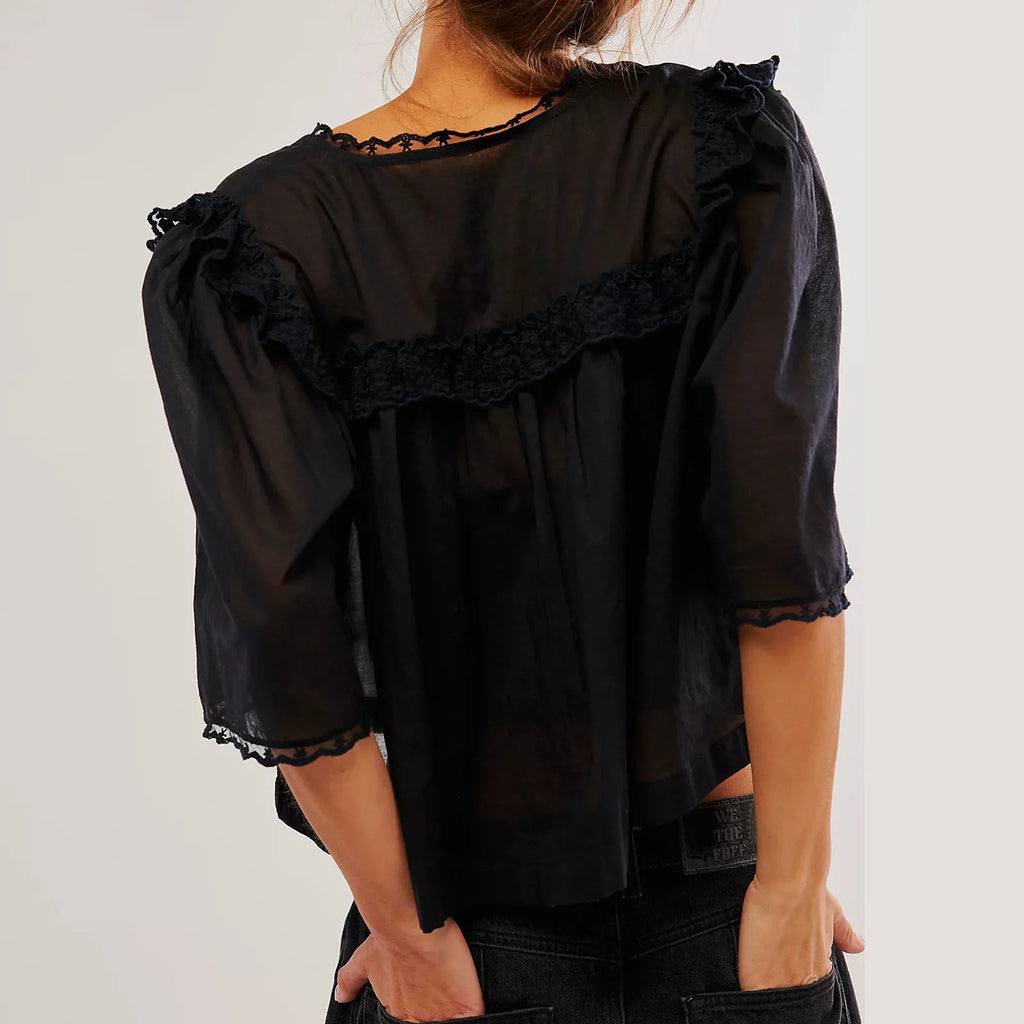 Women Sweet Ruffles Sheer Shirts 2026 Fashion Ladies Loose Lace Button Blouses for Female Chic Elegant See Through Tops Clothes