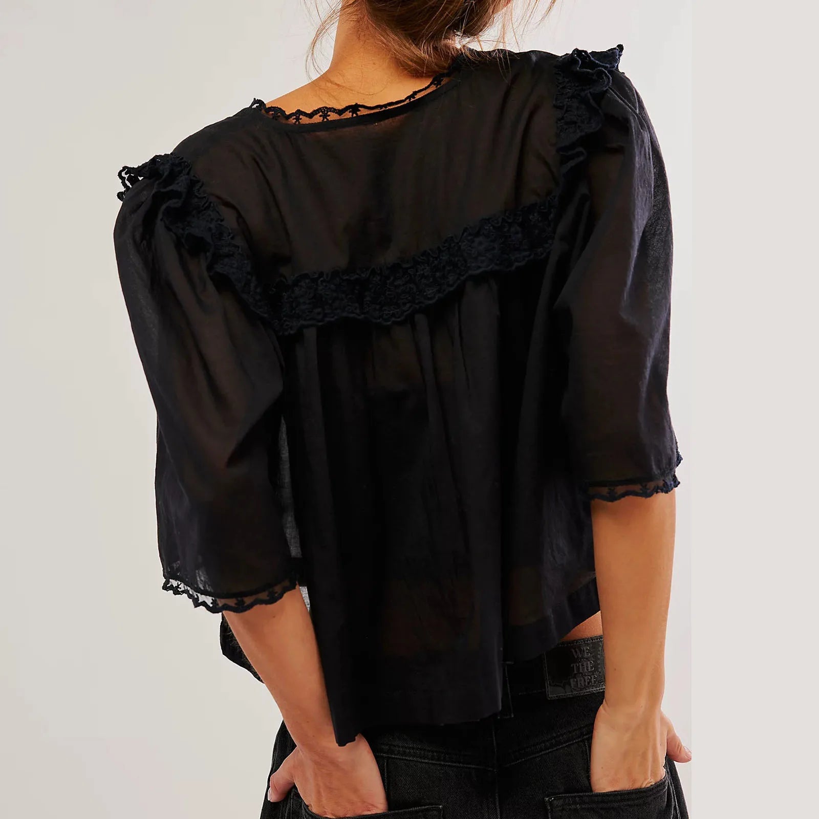 Women Sweet Ruffles Sheer Shirts 2026 Fashion Ladies Loose Lace Button Blouses for Female Chic Elegant See Through Tops Clothes
