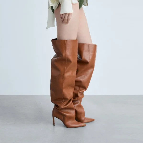 Fashion Pointed High Heels with Pleated Pile Boots, Size 46 Knee High Boots for Women, High Tube Boots