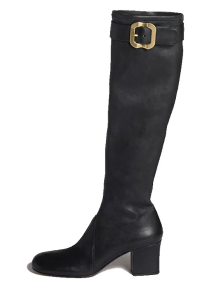 Women's New Thick High Heels Knee High Boots Autumn and Winter Round Toe Buckle Fashionable Mid Heel Boots Women's Short Boots