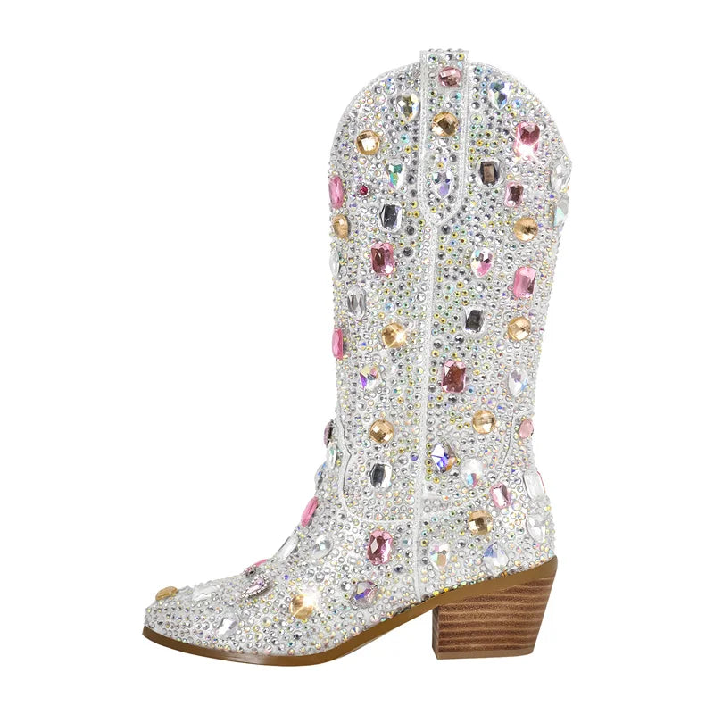 Women Sparkly Multi-colored Rhinestone Handmade Mid-calf Western Boots