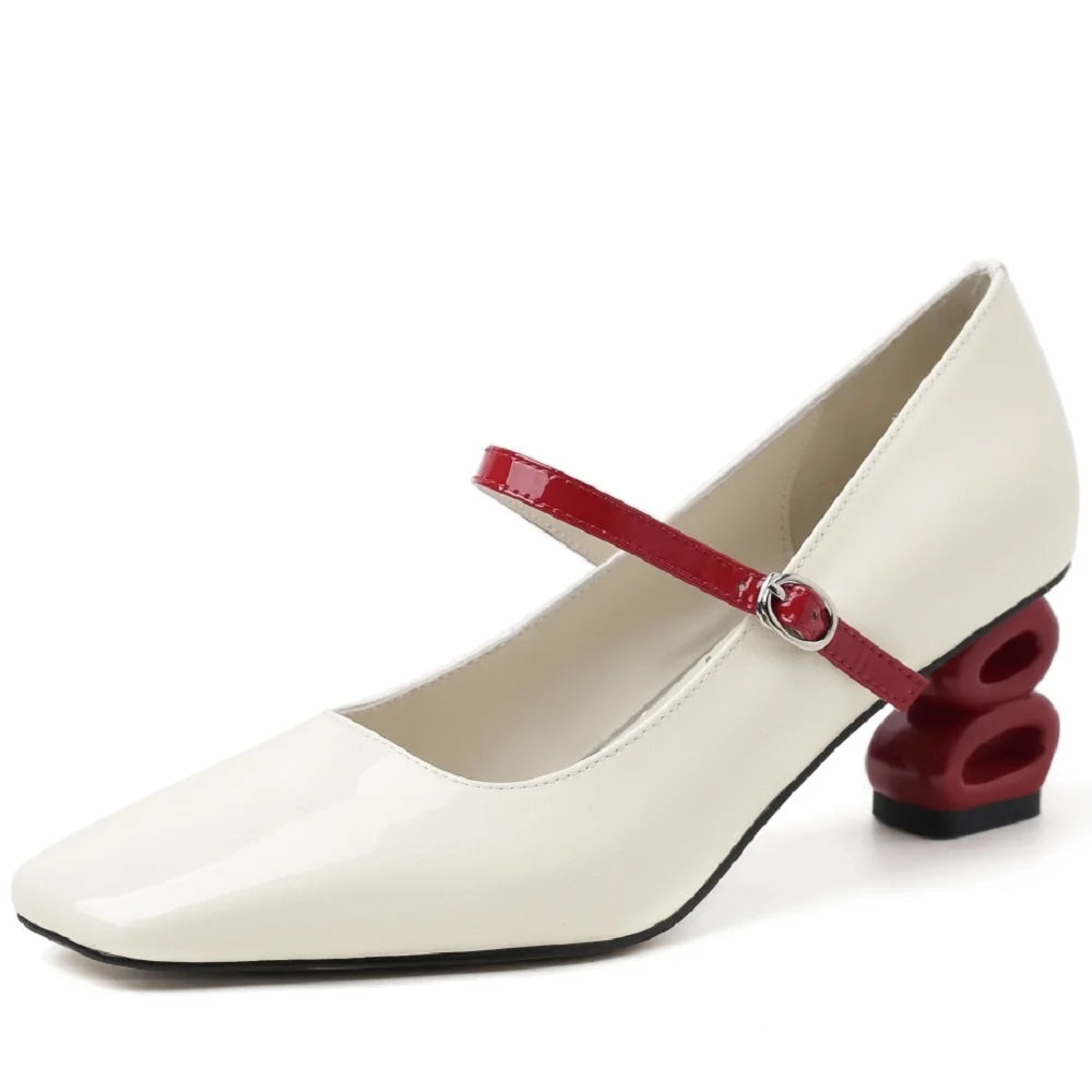 Mixed Color Design Brand Handmade Genuine Leather Mary Jane Women Elegant Dress Comfort Square Toe Buckle 33-40