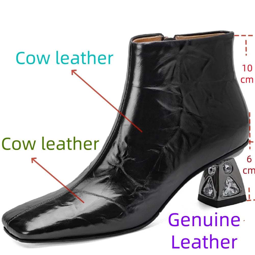 New Women Handmade Genuine Leather High Heels Zipper Boots Autumn Winter Square Toe Strange Heel Ankle Boot 34-40