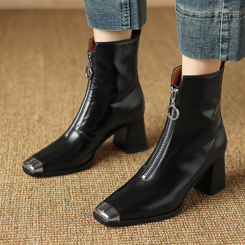 Women Handmade Genuine Leather Ankle Boots Metal High Heels Shoes Winter Square Toe Dress Lady Short Boots 34-40