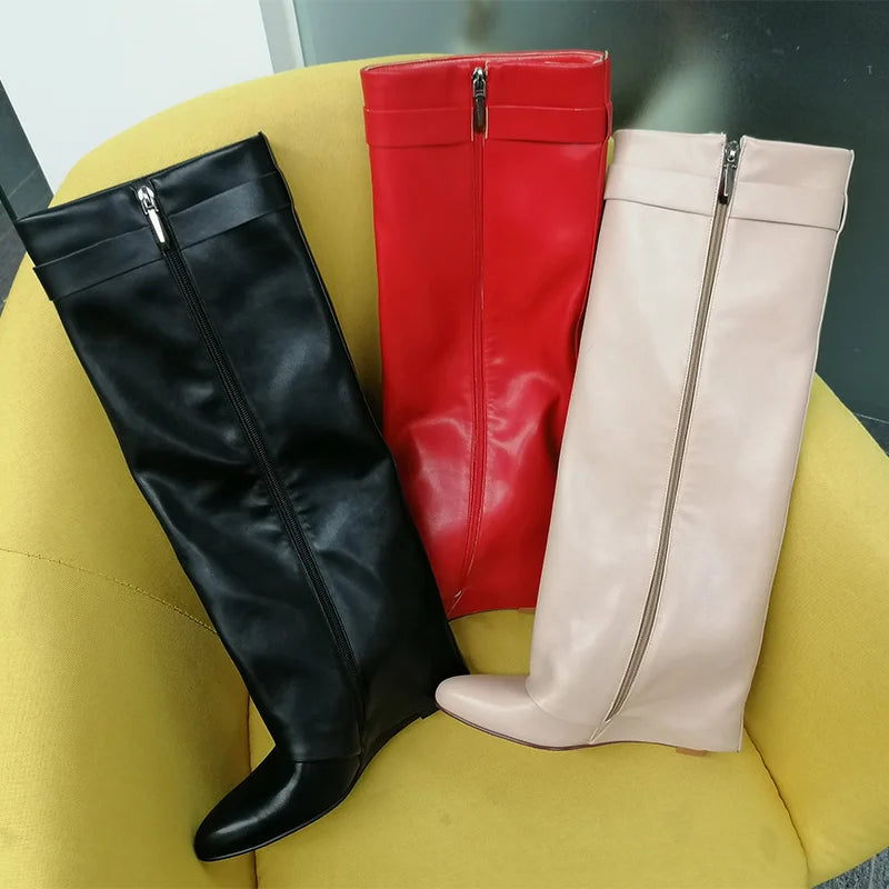 Onlymaker Women Shark Lock Pants Boots Women Wedge Brand Fold Knee High Heel Black Red Female Boots