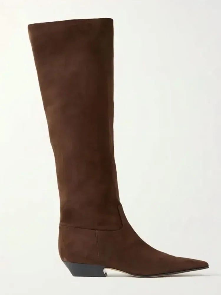 2026 Ladies' Low Heel Knee High Women's Boots Autumn and Winter Square Toe Leather Fashionable 34-46 Large Mid Length Boots