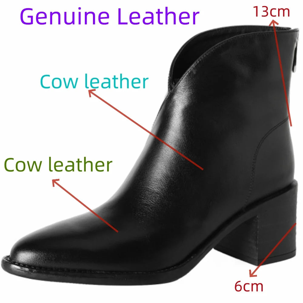 Women Handmade Genuine Leather Pointed Toe Chunky Heel Shoes Casual Zip Ankle Boots Western Boots 34-40