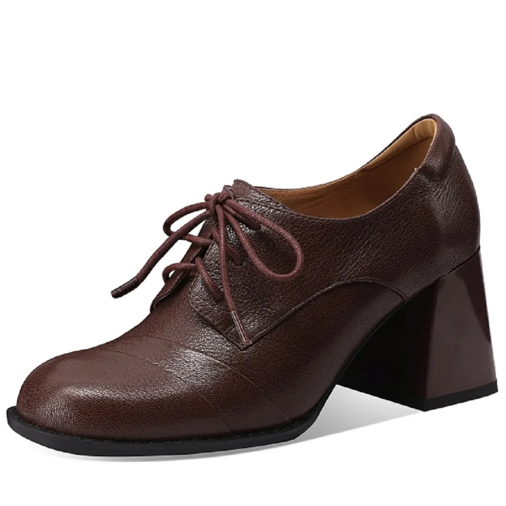 Women's Handmade Genuine Leather lace-up thick high heel oxfords female daily slim dress pumps shoes 33-