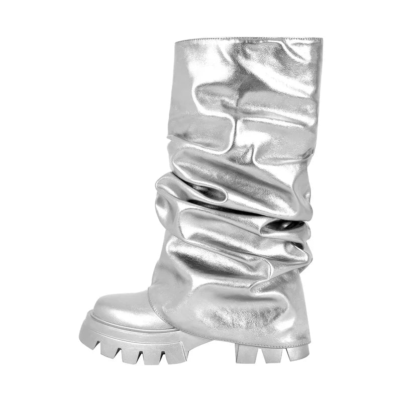 Onlymaker Women Platform  Pleated Fold Over Boots Round Toe Handmade Female Fashion Mid-Calf Boots
