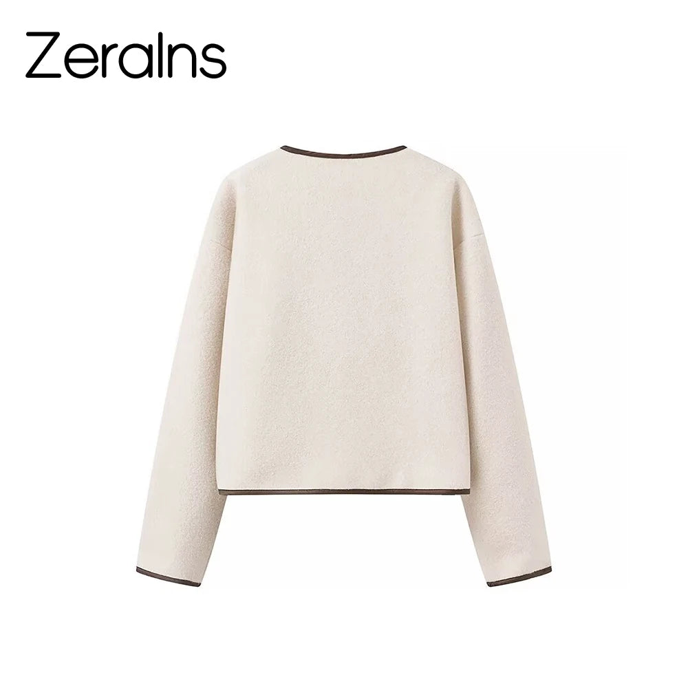 ZERAINS Autumn new women's clothing French design round neck long sleeved bow tie decoration short loose cardigan jacket
