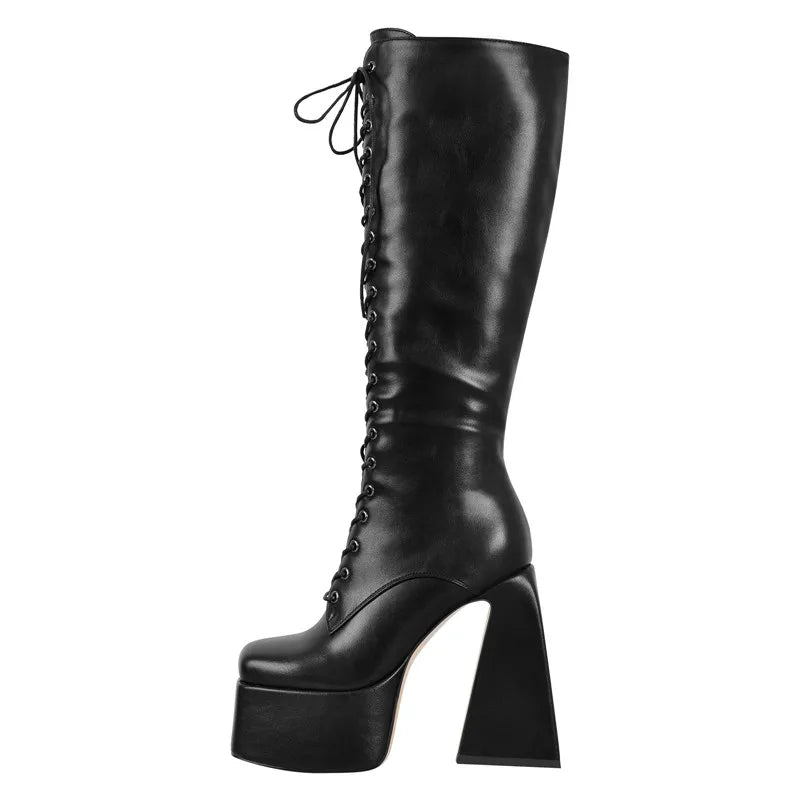 Onlymaker Women Square Toe Platform Zip Chunky Heel Knee High Patent Leather Lace Up Lady Black Boots