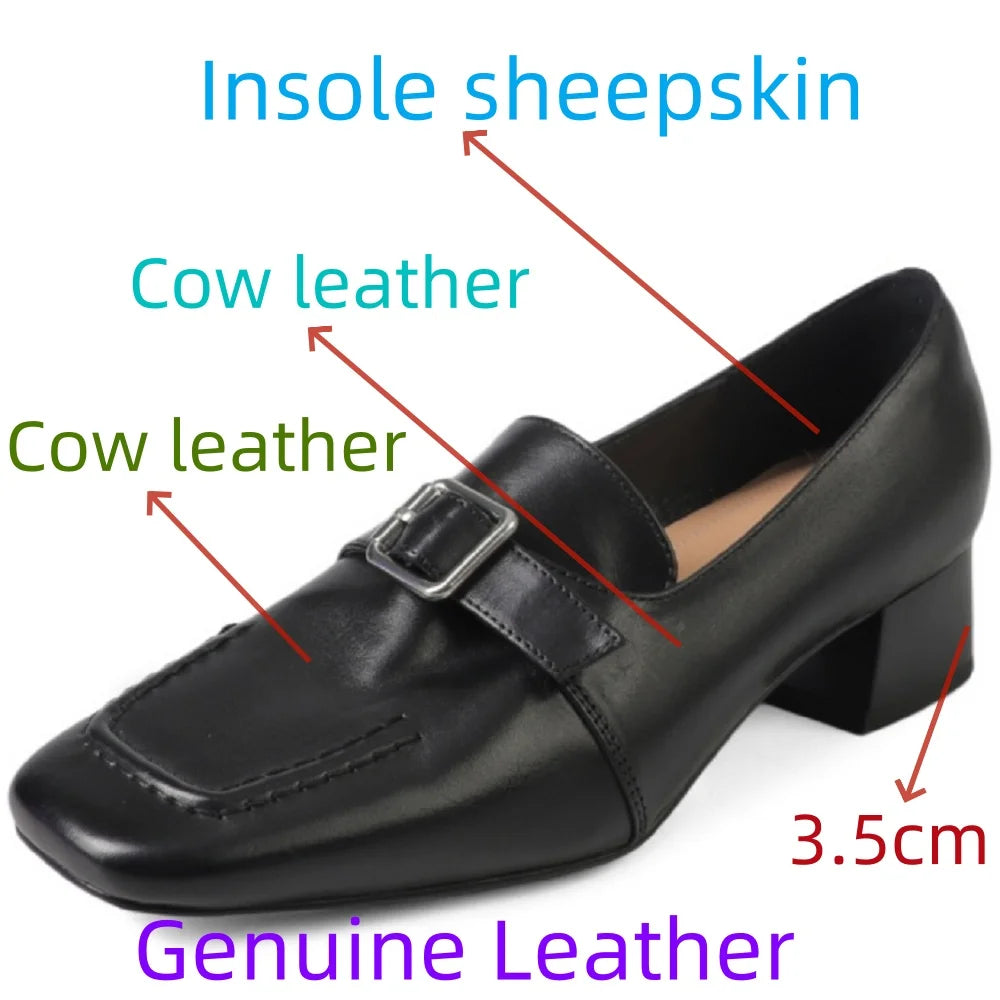 Handmade Genuine Leather Square Toe Thick Belted Women's Shoes Mid Heels Comfortable Cut Buckle Closure 34-40