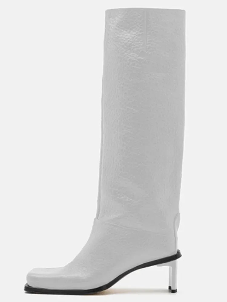 2026 New Fashionable Square Head High Heels Women's Knee Length Boots with Side Zipper Stone Pattern Women's Mid Length Boots