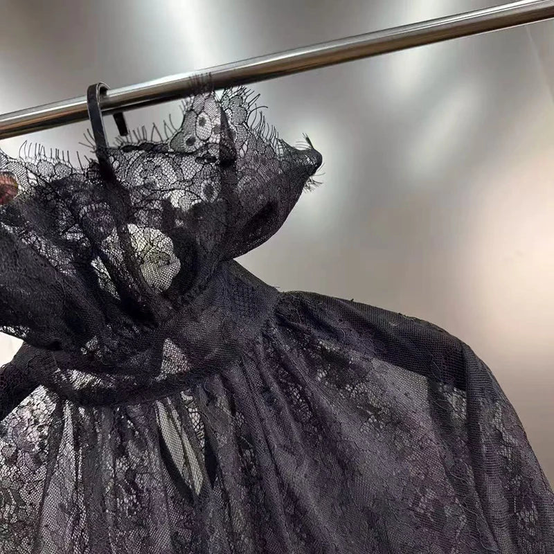 2026 Autumn Winter New Lace Style Black Stand Collar Long Sleeve Hollow Shirt For Women Versatile Blouse Female 1A1550