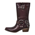 Onlymaker Women Pull on Metal Decor Buckle Low Block Heels Boots Wide Knee High Riding Cowgirl Harness Western Cowboy Boots