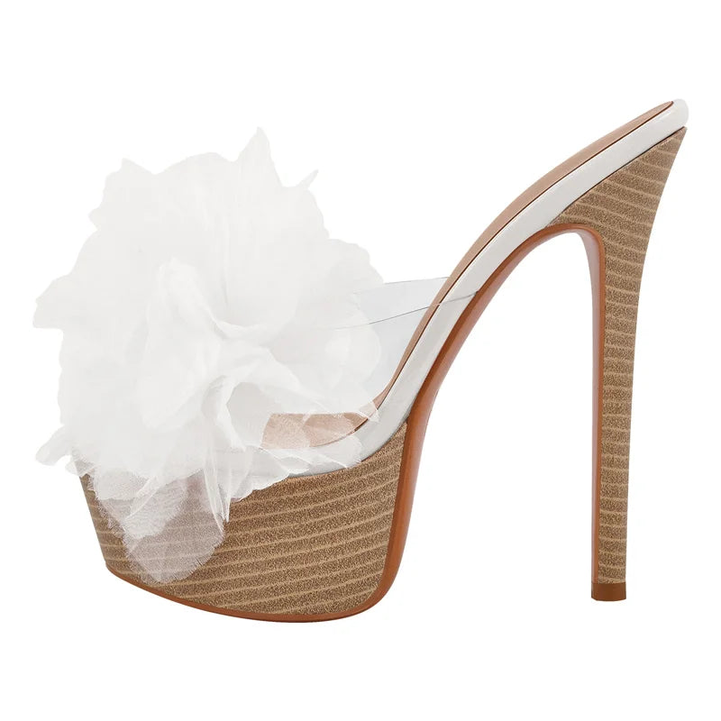 Women White Platform Peep Toe Flower Stiletto Heeled Sandals Wedding Bridal Party Dressing Summer Sandals