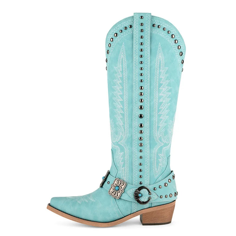 Onlymaker Women Floral Western Embroidery Cowgirl Boots Pointed Toe Side Zipper Knee High with Chunky Heel  Boots