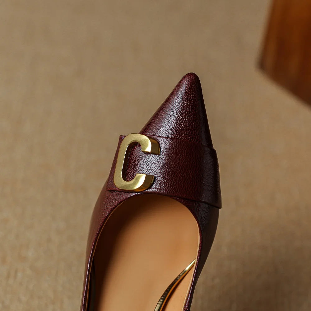 Dress Party Shoes Women Genuine Leather Pumps Sexy Thin Heels Slip On Solid Color Pointed Toe Handmade For Ladies