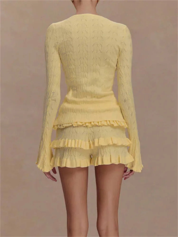Summer Knit Ruffled 2 Piece-Set Shorts Female Patchwork Slim Casual Long Sleeve Sweater Cardigan And Women's Shorts Sets
